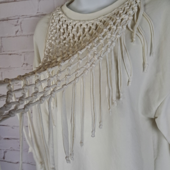 Zara Fringe Crochet Detail Sweatshirt Top Cream Off White Crewneck - Picture 3 of 8